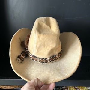 YR Cowboy Hat Corduroy W/Collar & Side Feather Made in Korea Sz Med 7 - 71/2